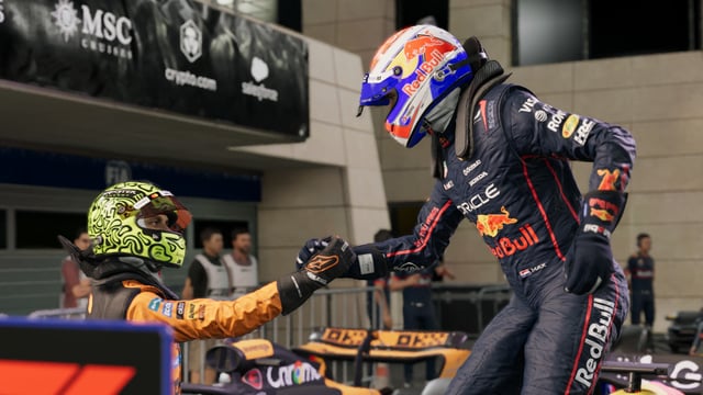 A driver helps another out of a car.