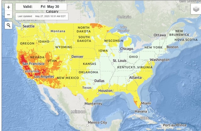 An NWS HeatRisk map shows where the worst heat is expected in California and Nevada beginning on Friday.
