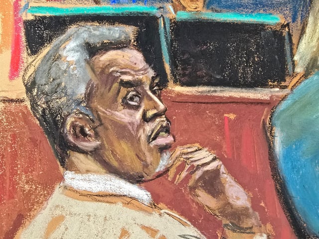 Sean "Diddy" Combs listens as prosecutor Emily Johnson questions rapper Kid Cudi as he testifies at Combs' sex trafficking trial in New York City on May 22, 2025, in this courtroom sketch.