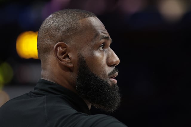 LeBron James #23 of the Los Angeles Lakers warms up prior to the game against the Minnesota Timberwolves in Game One of the Western Conference First Round NBA Playoffs at Crypto.com Arena on April 19, 2025 in Los Angeles, California.