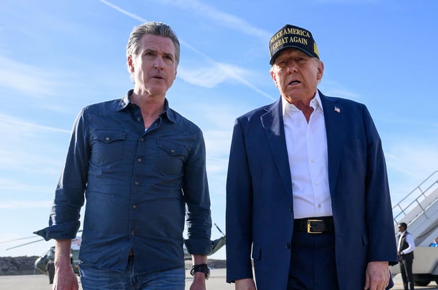 In this January 24 photo, President Donald Trump and California Governor Gavin Newsom, speak at Los Angeles International Airport in Los Angeles.