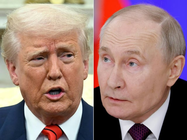 Combinaison d'images réalisée le 17 mars 2025 montrant le président américain Donald Trump (à gauche) et son homologue russe Vladimir Poutine