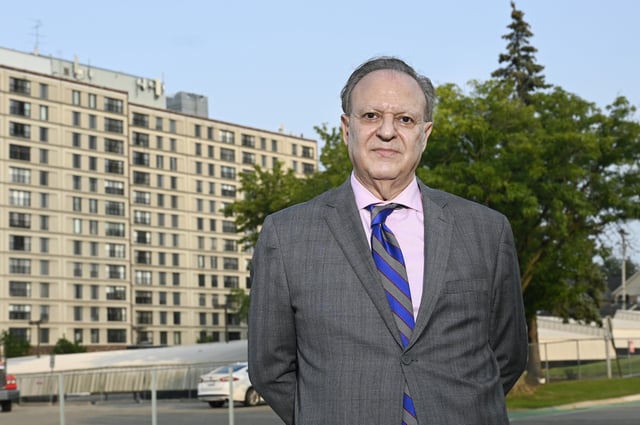 Bishara Bahbah, then serving as national chairman for Arab Americans for Trump, answers questions during an interview with the Associated Press, on August 14, 2024, in Dearborn, Michigan.