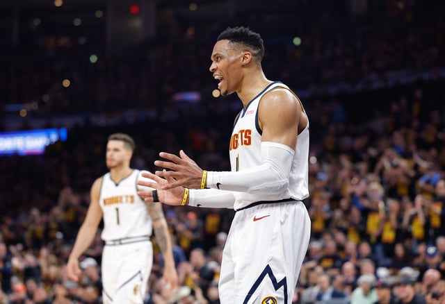 May 5, 2025; Oklahoma City, Oklahoma, USA; Denver Nuggets guard Russell Westbrook (4) reacts after a play against the Oklahoma City Thunder during the second half during game one of the second round for the 2025 NBA Playoffs at Paycom Center. Mandatory Credit: Alonzo Adams-Imagn Images
