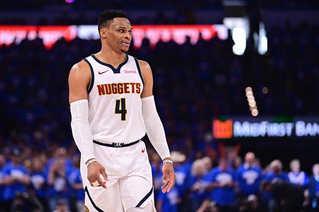 Russell Westbrook #4 of the Denver Nuggets walks down the floor during the first half of game seven of the Western Conference semifinals against the Oklahoma City Thunder at Paycom Center on May 18, 2025 in Oklahoma City, Oklahoma.