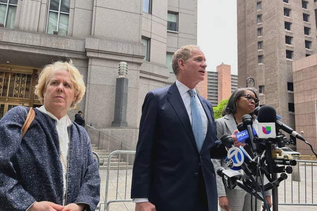 MTA Chair Janno Lieber (center) celebrated a small legal victory outside Manhattan federal court on Tuesday.