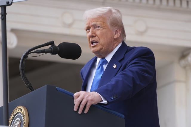 President Donald Trump speaks during the 157th National Memorial Day Observance at Arlington National Cemetery, Monday, May 26, 2025, in Arlington, Va. (AP Photo/Jacquelyn Martin)