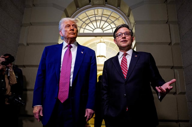Speaker of the House Mike Johnson (R-LA) (R), accompanied by U.S. President Donald Trump, speaks to members of the media as they depart a House Republican meeting at the U.S. Capitol on May 20, 2025 in Washington, DC. 