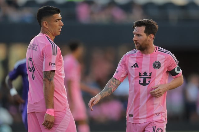 May 18, 2025; Fort Lauderdale, Florida, USA; Inter Miami CF forward Lionel Messi (10) talks to forward Luis Suarez (9) against Orlando City during the first half at Chase Stadium. Mandatory Credit: Sam Navarro-Imagn Images