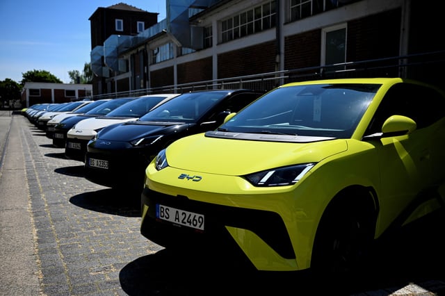 BYD Dolphin Surf electric cars are parked infront of the venue where BYD carmaker holds a vehicle presentation event in Berlin, Germany May 21, 2025. REUTERS/Annegret Hilse/File Photo
