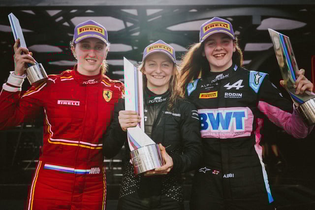 Race winner Doriane Pin of France and PREMA Racing (C), Second placed Abbi Pulling of Great Britain and Rodin Motorsport (R) and Third placed Maya Weug of Netherlands and PREMA Racing (L) after Round 1 Jeddah race 1 of the F1 Academy at on March 08, 2024 in Saudi Arabia.