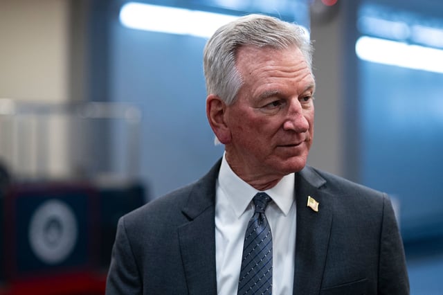 Sen. Tommy Tuberville (R-AL) arrives prior to the Senate Republicans weekly policy luncheon in the US Capitol in Washington, DC, on March 25, 2025.