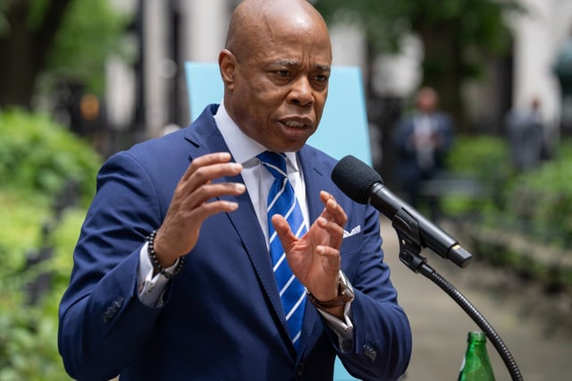 Mayor Eric Adams speaks during a press conference at city hall Tuesday, May 27, 2025 in Manhattan, New York. (Barry Williams/ New York Daily News)