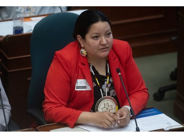 Chief Tamara Young, from Pictou Landing First Nation, answers questions from MLAs during a standing committee meeting on natural resources and economic development at Province House in Halifax on Tuesday, May 27, 2025.
