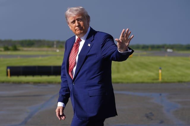 President Donald Trump arrives on Air Force One at Morristown Municipal Airport in Morristown, N.J., Friday, May 23, 2025. (AP Photo/Manuel Balce Ceneta)