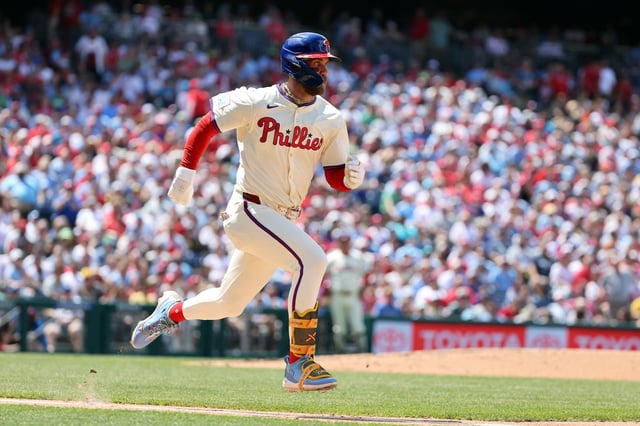 Bryce Harper #3 of the Philadelphia Phillies in action during a game against the Pittsburgh Pirates at Citizens Bank Park on May 18, 2025 in Philadelphia, Pennsylvania.