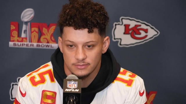 Kansas City Chiefs quarterback Patrick Mahomes (15) at a press conference in advance of Super Bowl LIX at New Orleans Marriott.
