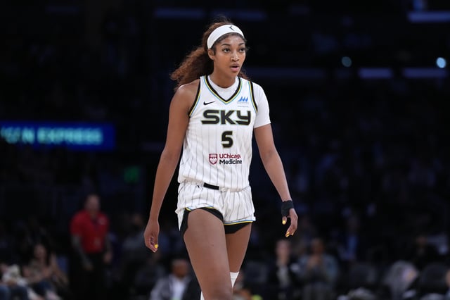 May 25, 2025; Los Angeles, California, USA; Chicago Sky forward Angel Reese (5) reacts in the second half against the LA Sparks at Crypto.com Arena. Mandatory Credit: Kirby Lee-Imagn Images
