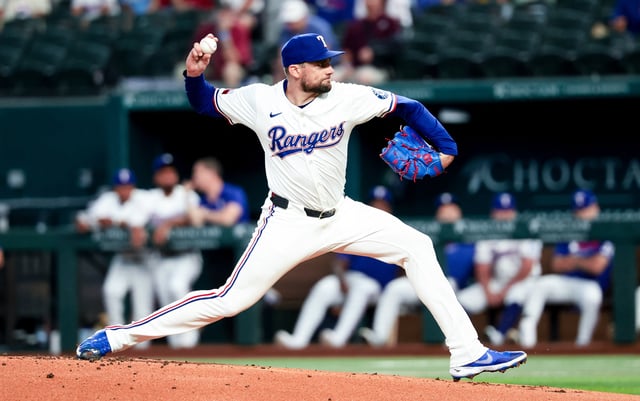 May 27, 2025; Arlington, Texas, USA; Texas Rangers starting pitcher Nathan Eovaldi (17) throws during the first inning against the Toronto Blue Jays at Globe Life Field. Mandatory Credit: Kevin Jairaj-Imagn Images