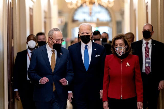 Former US President Joe Biden (C), ex-House speaker Nancy Pelosi and Senate Minority Leader Chuck Schumer have a combined age of 241