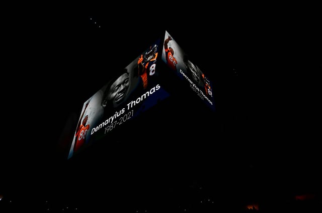 Dec 13, 2021; Denver, Colorado, USA; A tribute is shown for former Denver Broncos player Demaryius Thomas before the game between the Washington Wizards Denver Nuggets at Ball Arena. Mandatory Credit: Ron Chenoy-USA TODAY Sports
