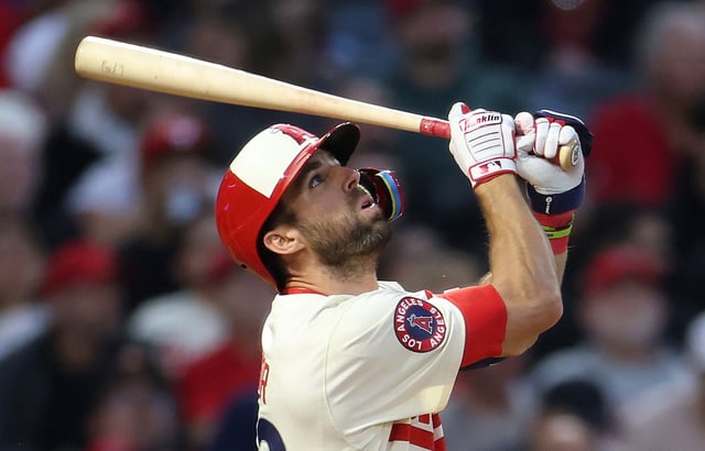 The Angels’ Chris Taylor flies out during the fifth inning of their game against the New York Yankees on Tuesday night at Angel Stadium. The Angels were shut out for eight innings before losing, 3-2. (Photo by Sean M. Haffey/Getty Images)