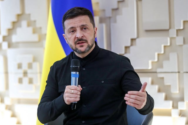 Ukrainian President Volodymyr Zelenskiy speaks during a press conference at the Ukrainian embassy in Ankara, Turkey, May 15, 2025. REUTERS/Cagla Gurdogan/File Photo