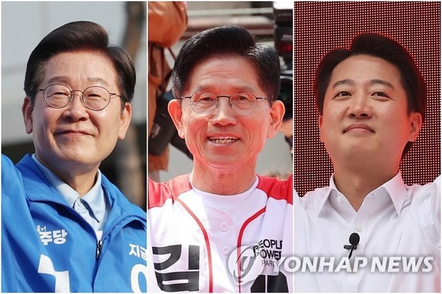 This combined photo shows the presidential candidates of South Korea's major political parties (from L to R) Lee Jae-myung of the liberal Democratic Party and Kim Moon-soo of the conservative People Power Party during their campaign rallies on May 26, 2025, and Lee Jun-seok of the minor conservative New Reform Party on May 24, 2025. (Yonhap)