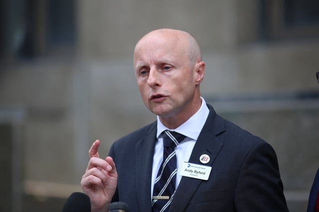 In this file photo, MTA president Andy Byford is seen at a press conference outside Manhattan Criminal Court on September 4, 2019 in New York.