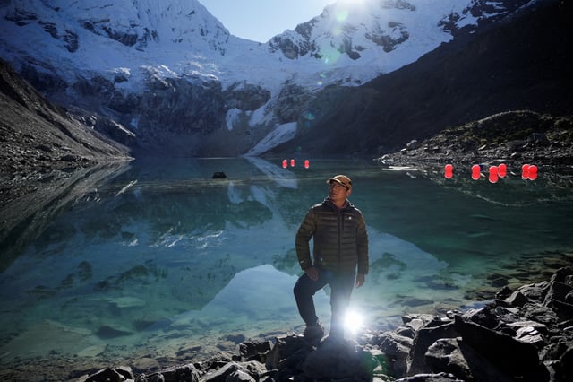 Peruvian farmer Saul Luciano Lliuya, who is suing German energy utility RWE, arguing that the company’s emissions have contributed to the melting of Andean glaciers, poses for a photo in front of Lake Palcacocha, before the verdict of the high regional German court in Hamm, in Huaraz, Peru May 27, 2025. REUTERS/Angela Ponce