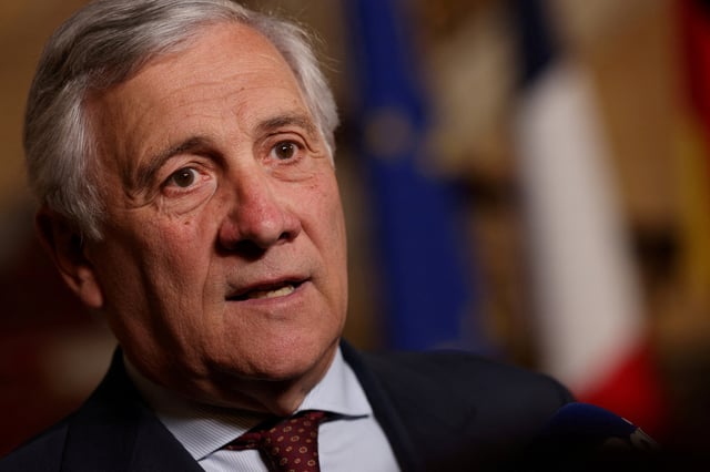 Italy's Minister of Foreign Affairs Antonio Tajani speaks to the press following talks of the "Weimar+" group focused on Ukraine and the future of European security at Lancaster House in London, on May 12, 2025.  ADRIAN DENNIS/Pool via REUTERS/File Photo