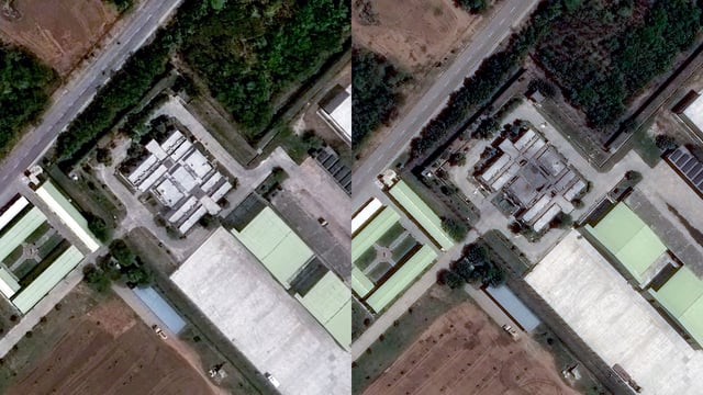 Pakistan's Murid air base before (L) and after (R) Indian strikes under Operation Sindoor | Satellite image ©2025 Maxar Technologies.