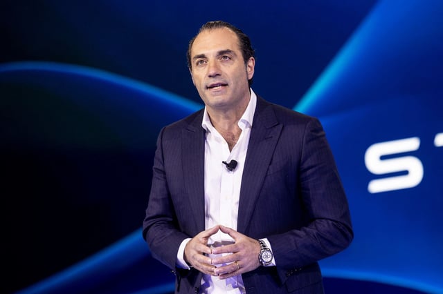 Antonio Filosa speaks during the Stellantis press conference at the Automobility LA 2024 car show at Los Angeles Convention Center in Los Angeles, on November 21, 2024.