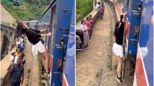 Woman nearly slips from moving train while recording reel. Video has 104 million views
