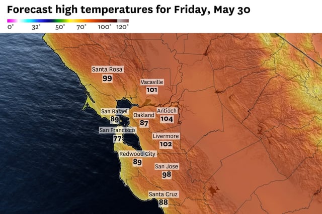Friday is set to be scorching around the region, with triple-digit heat commonplace across the interior East Bay. 