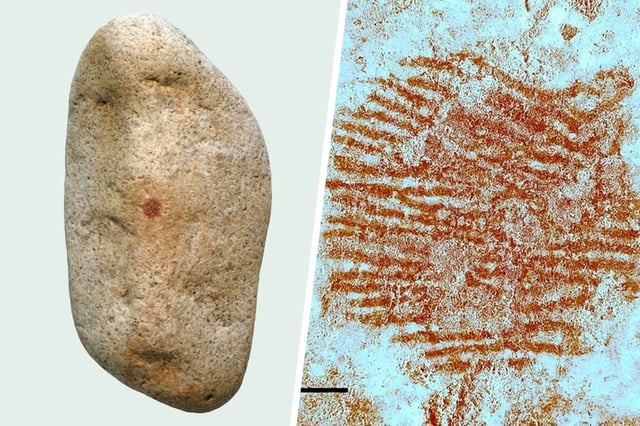 Composite image. LEFT: The pebble discovered in the San Lázaro rock-shelter (Segovia, Central Spain) is the oldest known non-utilitarian object with a fingerprint made in Europe. RIGHT: Dermatoglyphic image obtained by the multispectral analysis of the red dot