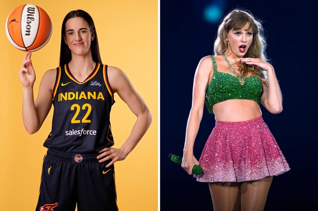 (L) Caitlin Clark, #22 of the Indiana Fever, poses for a photo at the Gainbridge Fieldhouse on May 1, 2024 in Indianapolis, Indiana. (R) Taylor Swift performs onstage during her Eras Tour at Wembley Stadium on August 15, 2024 in London, England.