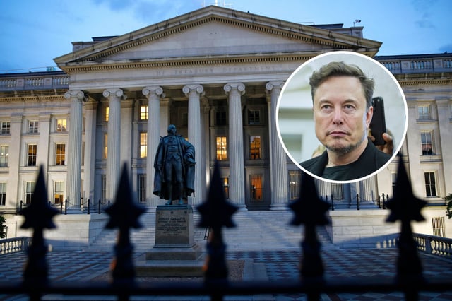 The U.S. Treasury Department building at dusk, Thursday, June 6, 2019, in Washington. (AP Photo/Patrick Semansky)


Elon Musk looks on as President Donald Trump meets South African President Cyril Ramaphosa in the Oval Office of the White House, Wednesday, May 21, 2025, in Washington. (AP Photo/Evan Vucci)