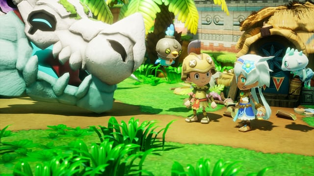 Two characters and a dragon like monster in a green space in Fantasy Life i