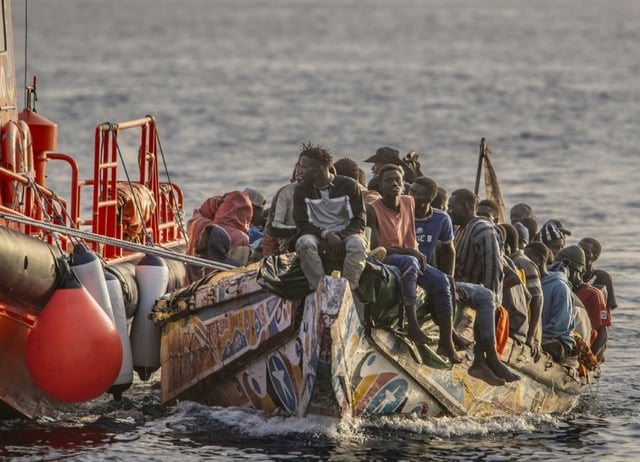 A boat from Senegal with 136 migrants onboard arrives at La Restinga port after being rescued on November 28, 2024