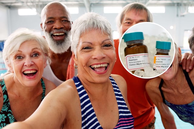 Happy older people and, inset, anti-aging drugs