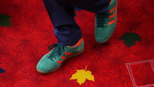 Former prime minister Justin Trudeau's shoes are shown ahead of King Charles delivering the speech from the throne in the Senate in Ottawa on Tuesday, May 27, 2025. THE CANADIAN PRESS/Sean Kilpatrick