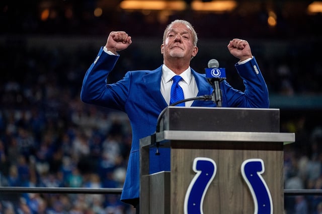 Indianapolis Colts owner Jim Irsay reacts to applause during Dwight Freeney&#34;u2019s induction in the team&#34;u2019s Ring of Honor during halftime of the game against the Miami Dolphins at Lucas Oil Stadium on November 10, 2019 in Indianapolis, Indiana.