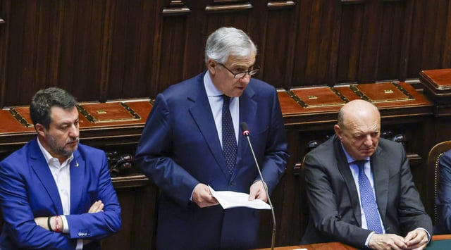 Italy's foreign minister, Antonio Tajani, at center, speaks during a briefing of the Italian government on the situation in the Gaza in the Chamber of Deputies in Rome, Italy, May 28, 2025. (Riccardo De Luca/Anadolu via Getty Images)