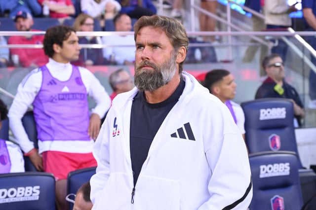 May 10, 2025; St. Louis, Missouri, USA; St. Louis CITY SC head coach Olof Mellberg looks on piror to a match against San Diego FC at Energizer Park. Mandatory Credit: Joe Puetz-Imagn Images/File Photo