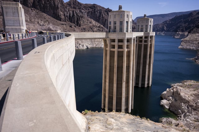 Two of the four intake towers sit in the reservoir of Lake Mead at the Hoover Dam in Boulder City, Nevada on June 8, 2024.