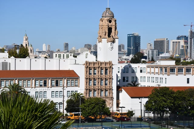 The Mission High School and its distinctive tower in the Mission District.