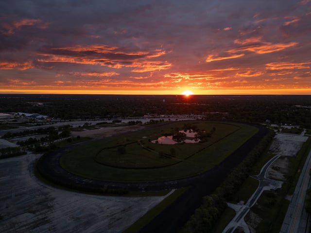 The former Arlington International Racecourse facing east at sunrise on May 23, 2025, in Arlington Heights. (Stacey Wescott/Chicago Tribune)