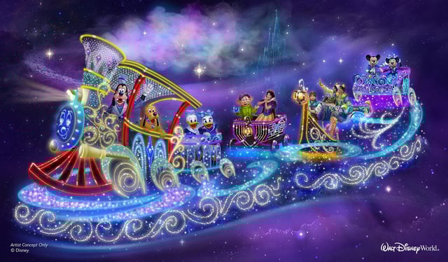 Goofy, Pluto, Donald Duck, and Daisy Duck will lead a procession of Disney moments in Disney Starlight: Dream the Night Away, the new nighttime parade coming to Walt Disney World.