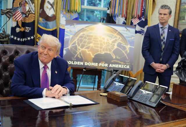President Donald Trump and Defense Secretary Pete Hegseth in the Oval Office as they announce plans for a "Golden Dome" on May 20, 2025.